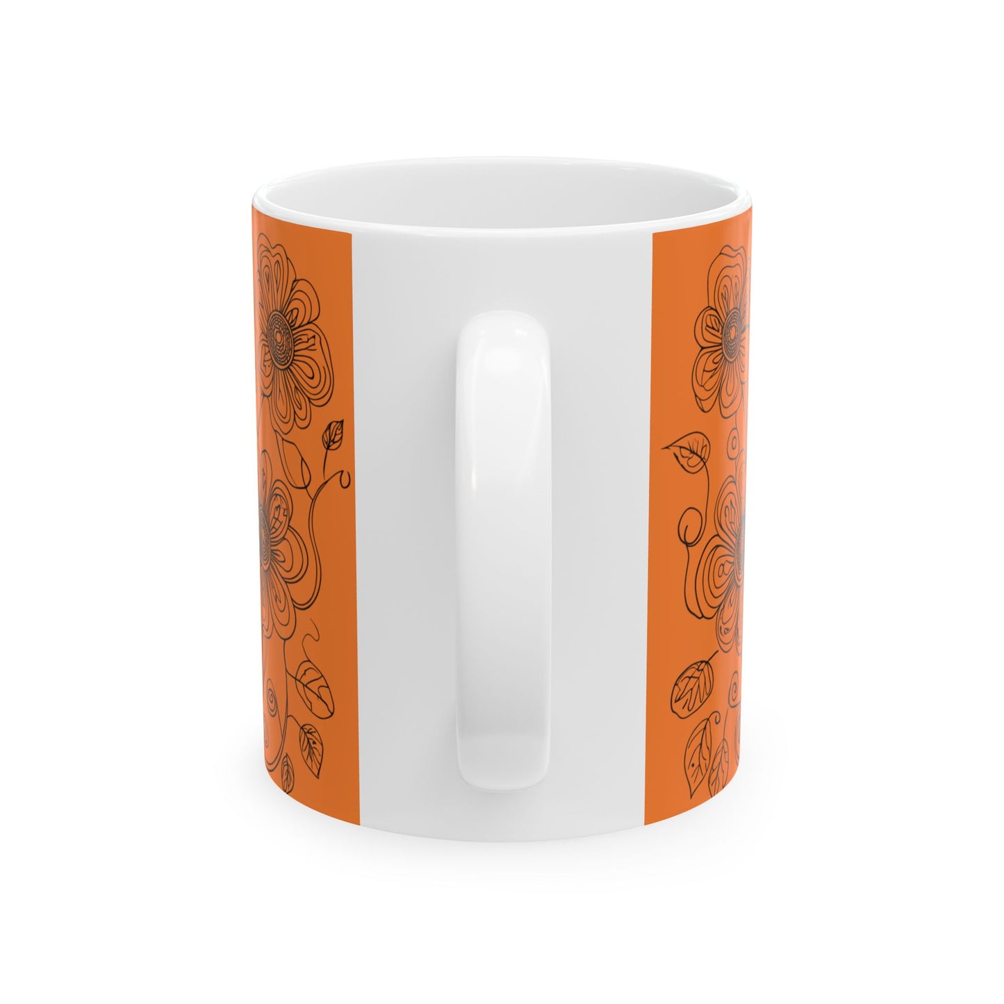 Orange Floral Ceramic Mug — Hand-Drawn Flower Pattern Coffee Tea Cup (11oz, 15oz)