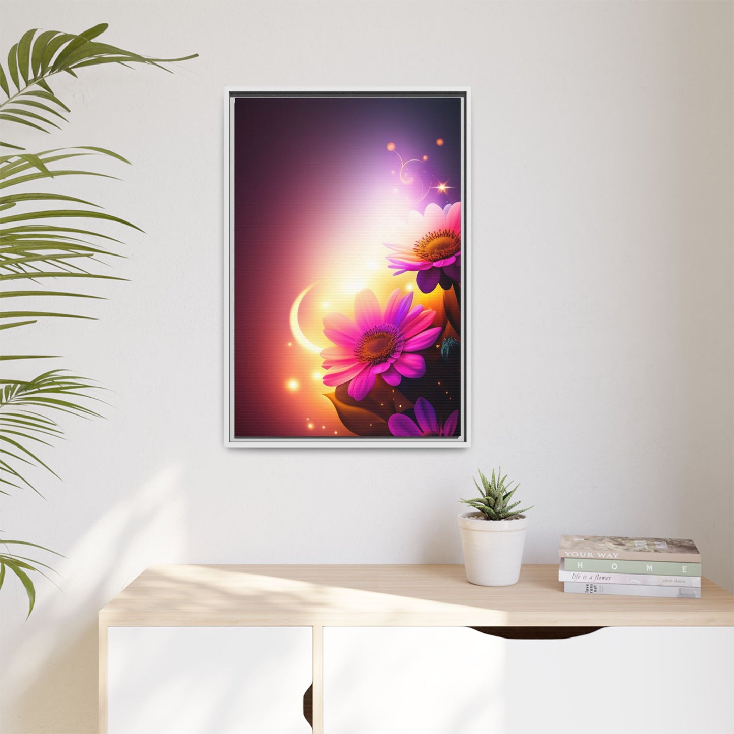 Framed Floral Canvas Art — Pink Daisies Sunset Wall Print