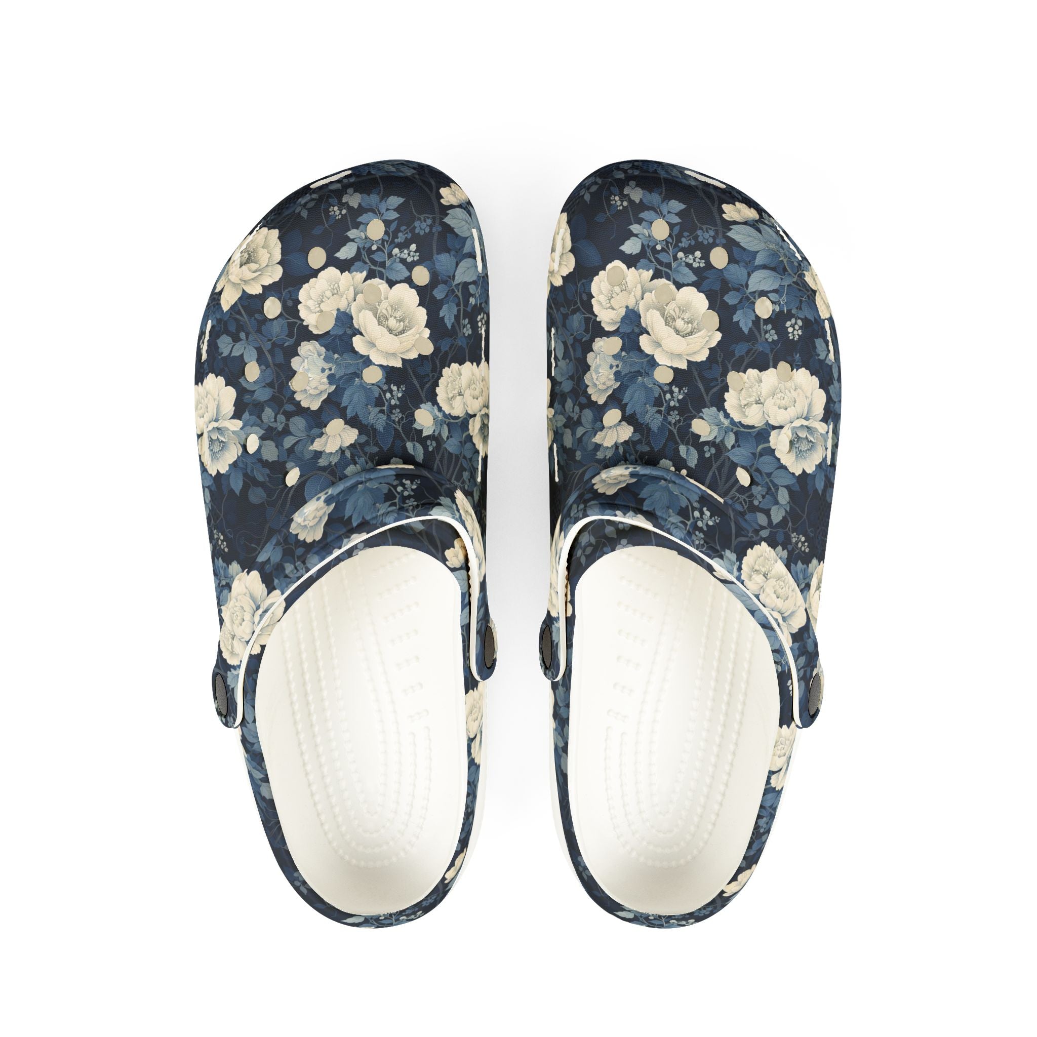 Floral Clogs - Vintage Blue Rose Slip-On Shoes