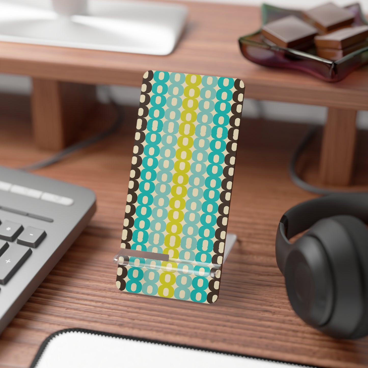 Retro Geo Pattern Phone Stand — Foldable Acrylic Mobile Display Stand