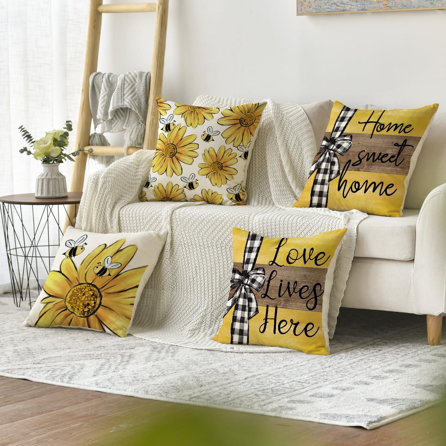Home Sweet Home Bee Sunflower Throw Pillow Covers, 18 x 18 Inch Love Lives Here Spring Summer Stripes Cushion Case for Sofa Couch Set of 4