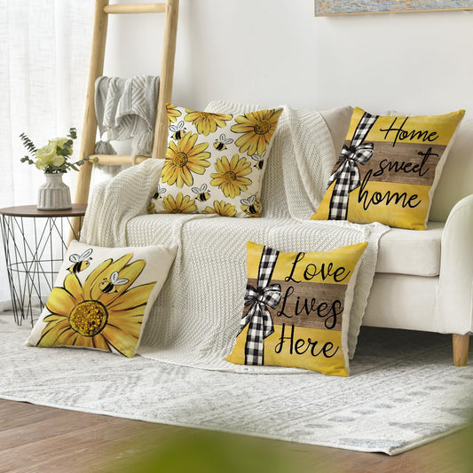 Home Sweet Home Bee Sunflower Throw Pillow Covers, 18 x 18 Inch Love Lives Here Spring Summer Stripes Cushion Case for Sofa Couch Set of 4