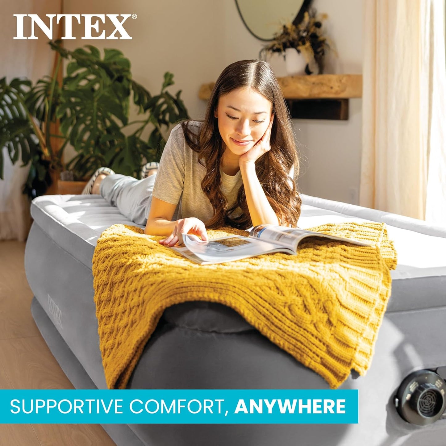 INTEX 67765ED Dura-Beam Deluxe Comfort-Plush Mid-Rise Air Mattress : Fiber-Tech – Twin Size – Built-in Electric Pump – 13in Bed Height – 300lb Weight Capacity