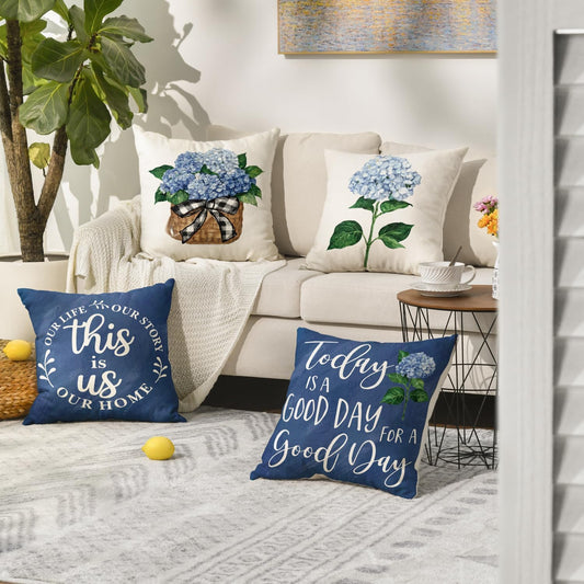 AVOIN colorlife Blue Hydrangea Spring Summer Throw Pillow Covers, 20 x 20 Inch Today is A Good Day Dark Blue Cushion Case Decoration for Sofa Couch Set of 4 - Blue