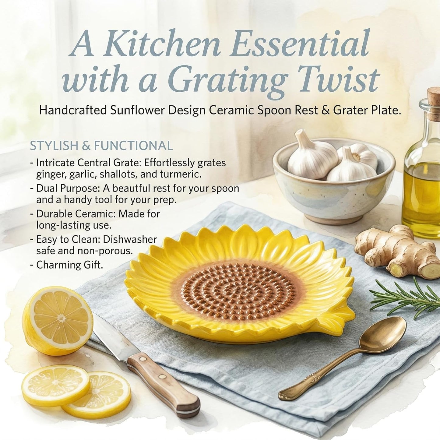Sunflower-Shaped Ceramic Grater Plate & Spoon Rest for Stove Top, 2-in-1 Ginger Garlic Grater with Spoon Holder, Multifunctional Kitchen Utensil