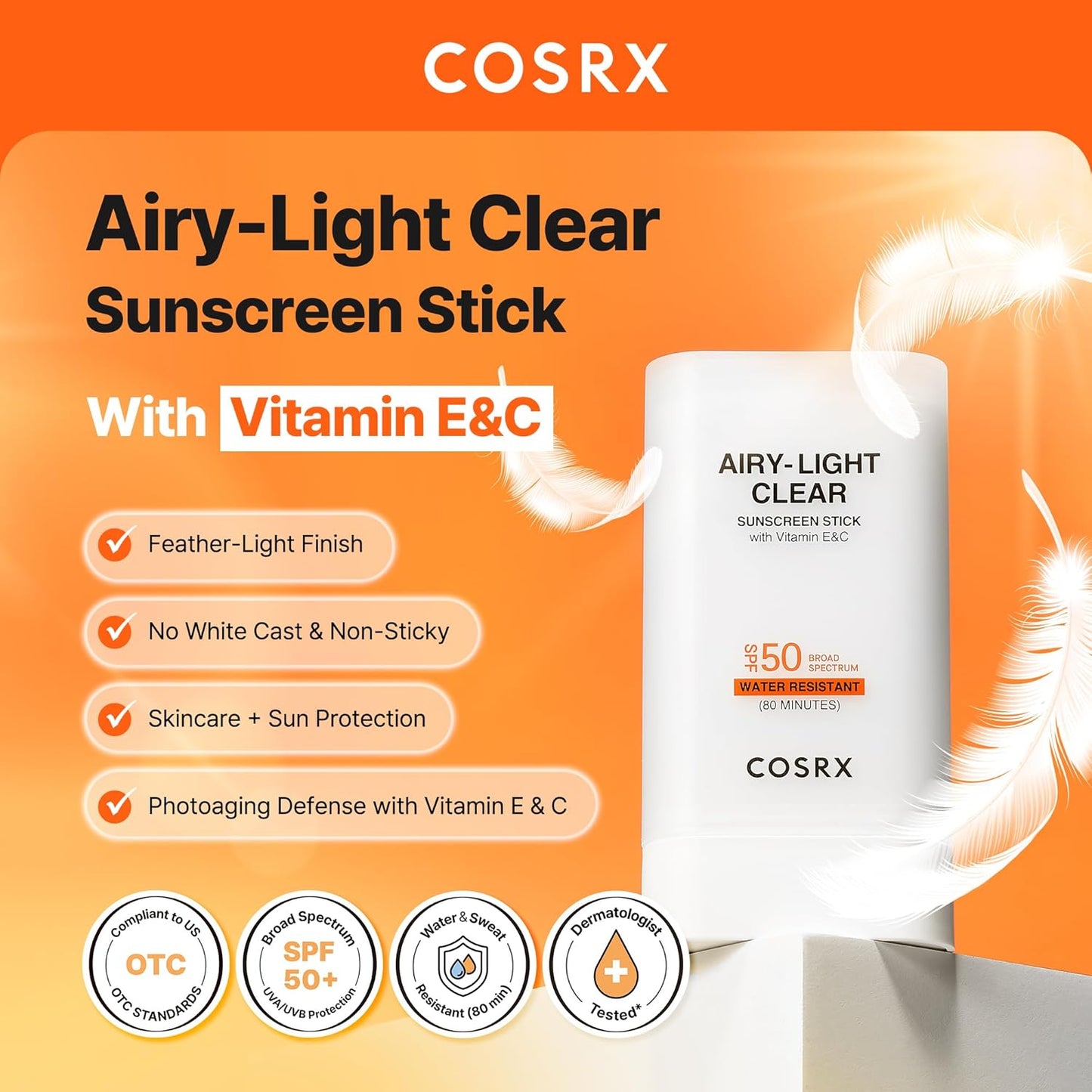 COSRX Airy-Light Clear Sunscreen Stick with Vitamin E&C SPF 50, 0.67 oz, 19g, Korean Suncreen Stick Suncare Sunblock, Lightweight, No White Cast