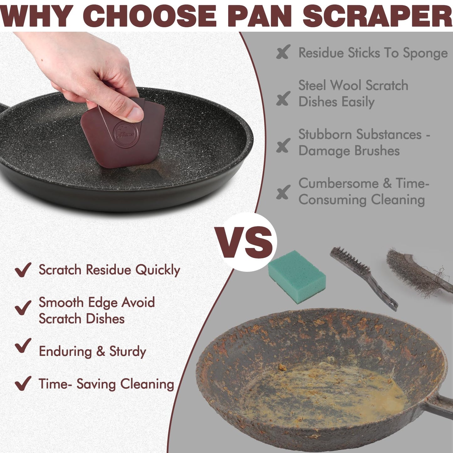 Pan Scraper Dish Scraper Tool - Pot Scraper Plastic for Cast Iron Skillet Cookware Cleaning, 6 Pcs Non Scratch Plastic Food Scraper Tool Kitchen, Heat Resistant Kitchen Scraper, Brown