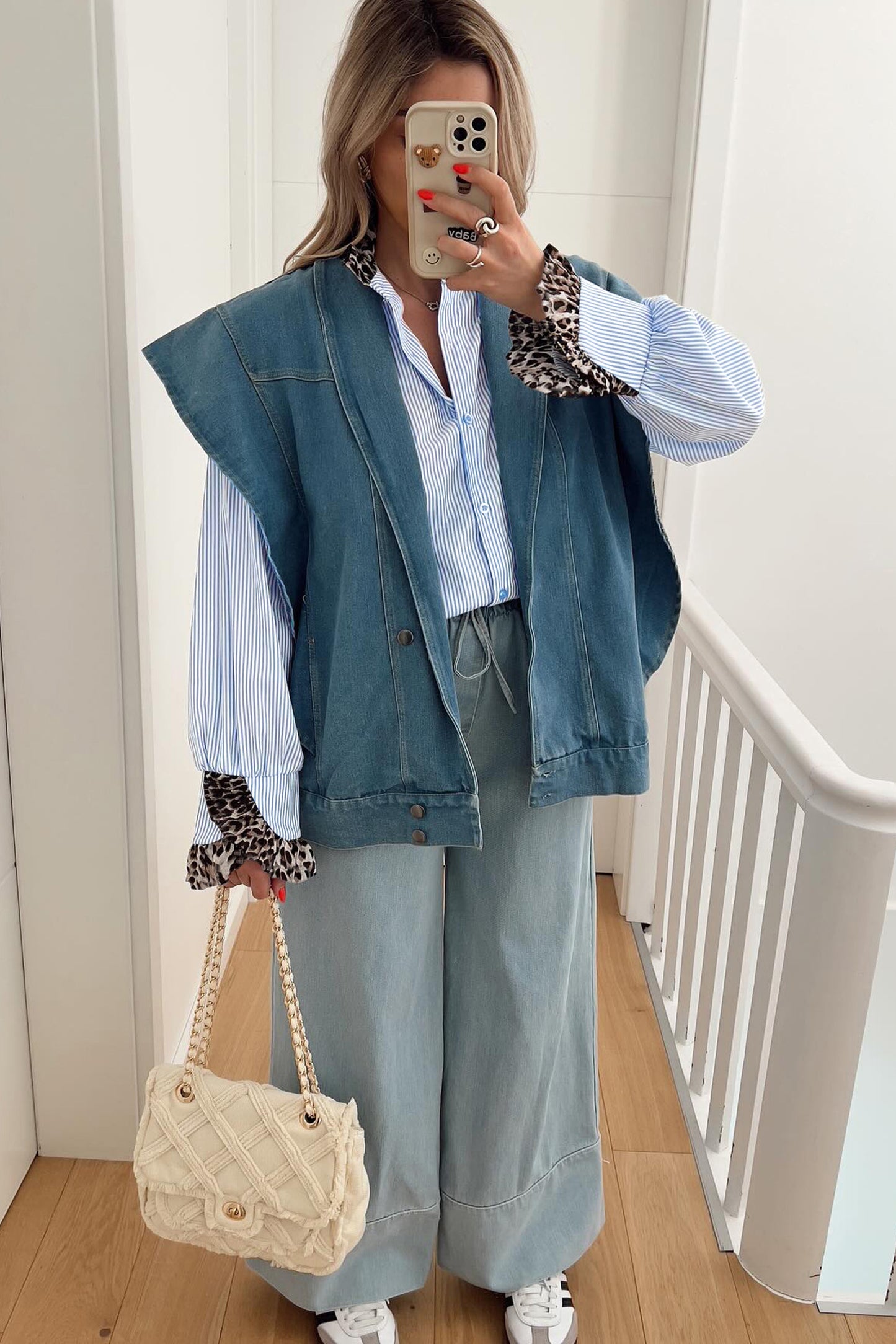 Sky Blue Stripe Ruffled Leopard Patchwork Long Sleeve Button Down Loose Shirt