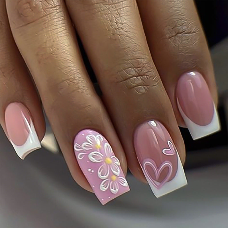 Spring and summer new products, flower love wearing nail French white manicure, medium and short square nail fake nail
