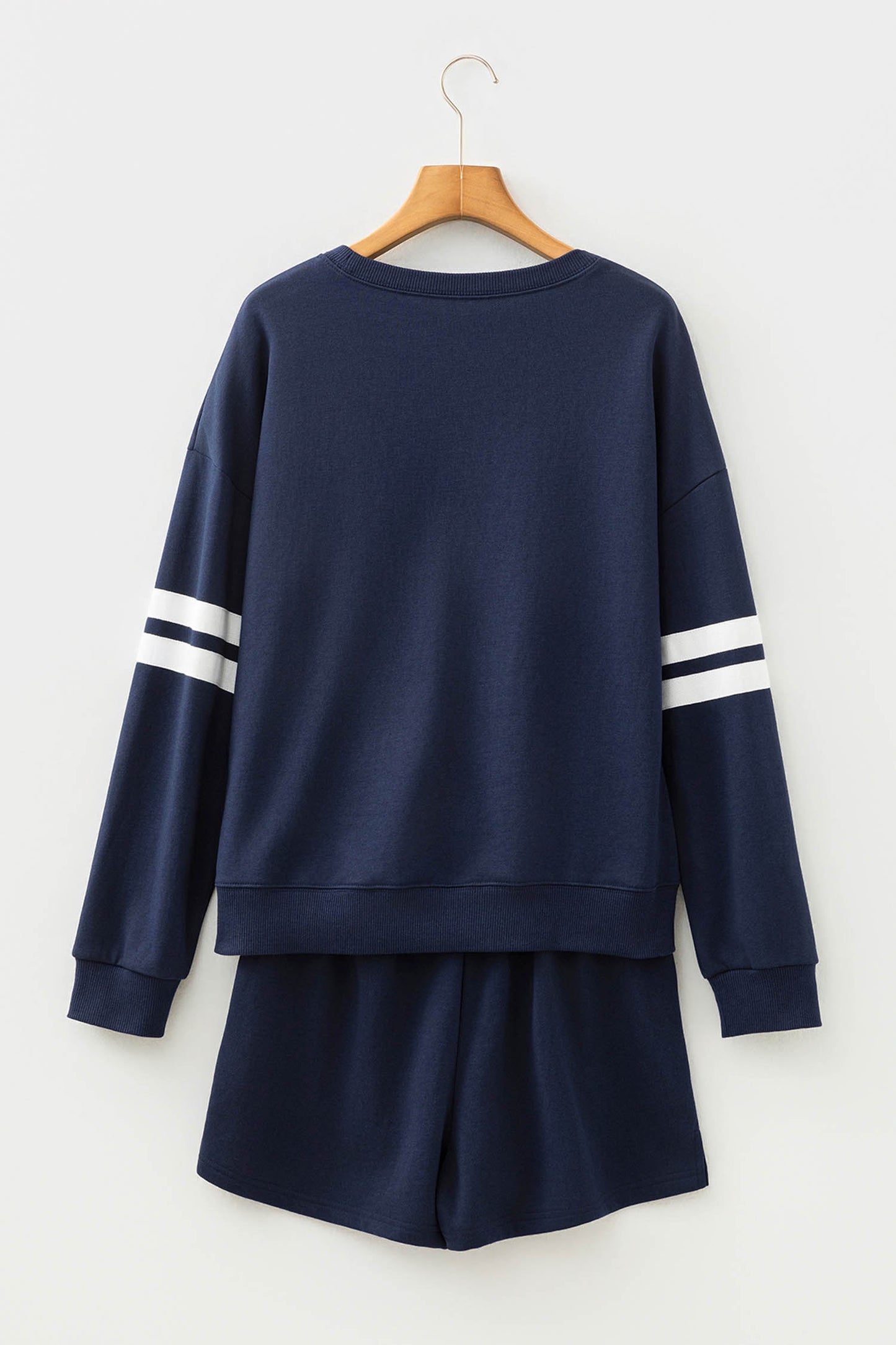 Navy Blue Varsity Striped Sleeve Drop Shoulder Sweatshirt and Short Set