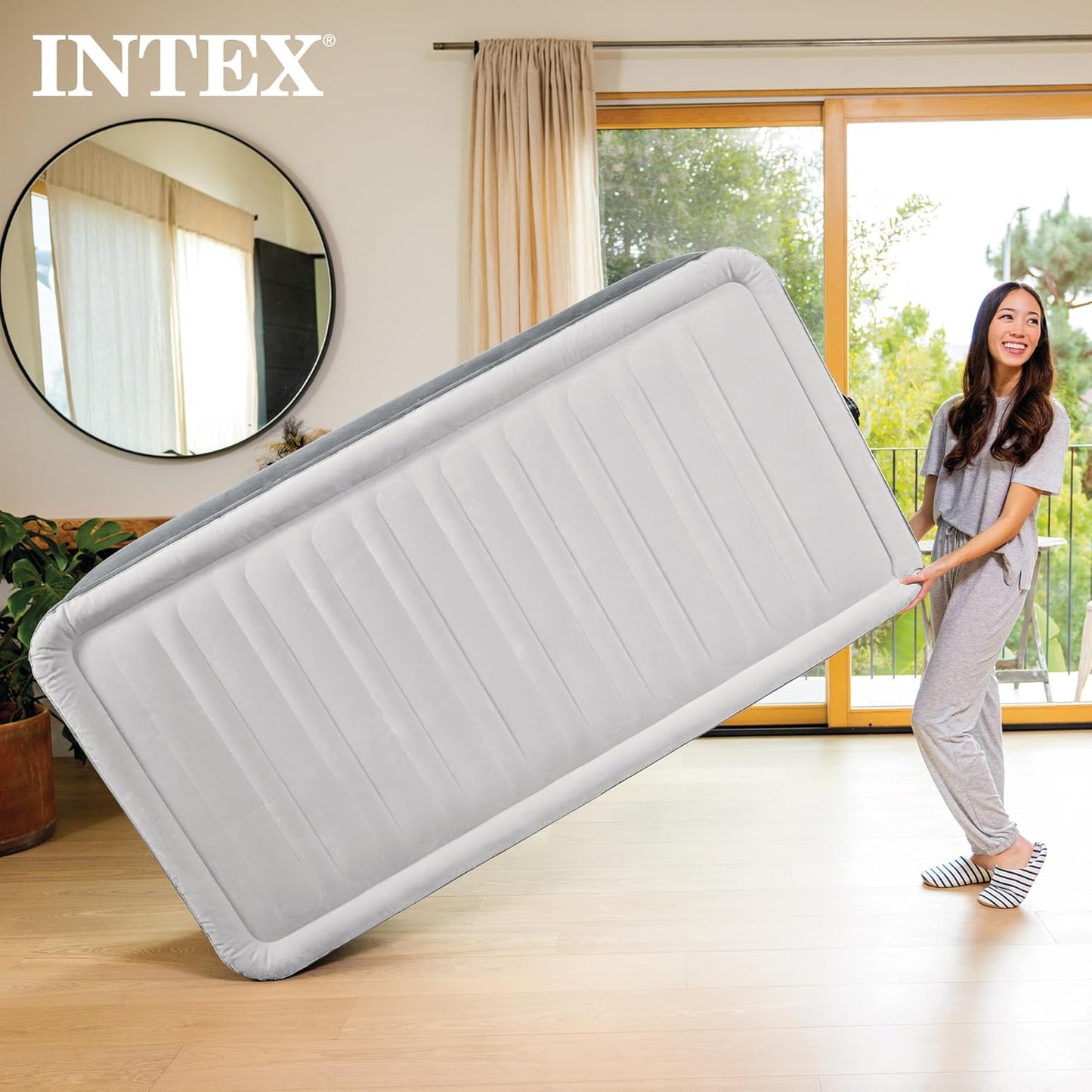 INTEX 67765ED Dura-Beam Deluxe Comfort-Plush Mid-Rise Air Mattress : Fiber-Tech – Twin Size – Built-in Electric Pump – 13in Bed Height – 300lb Weight Capacity
