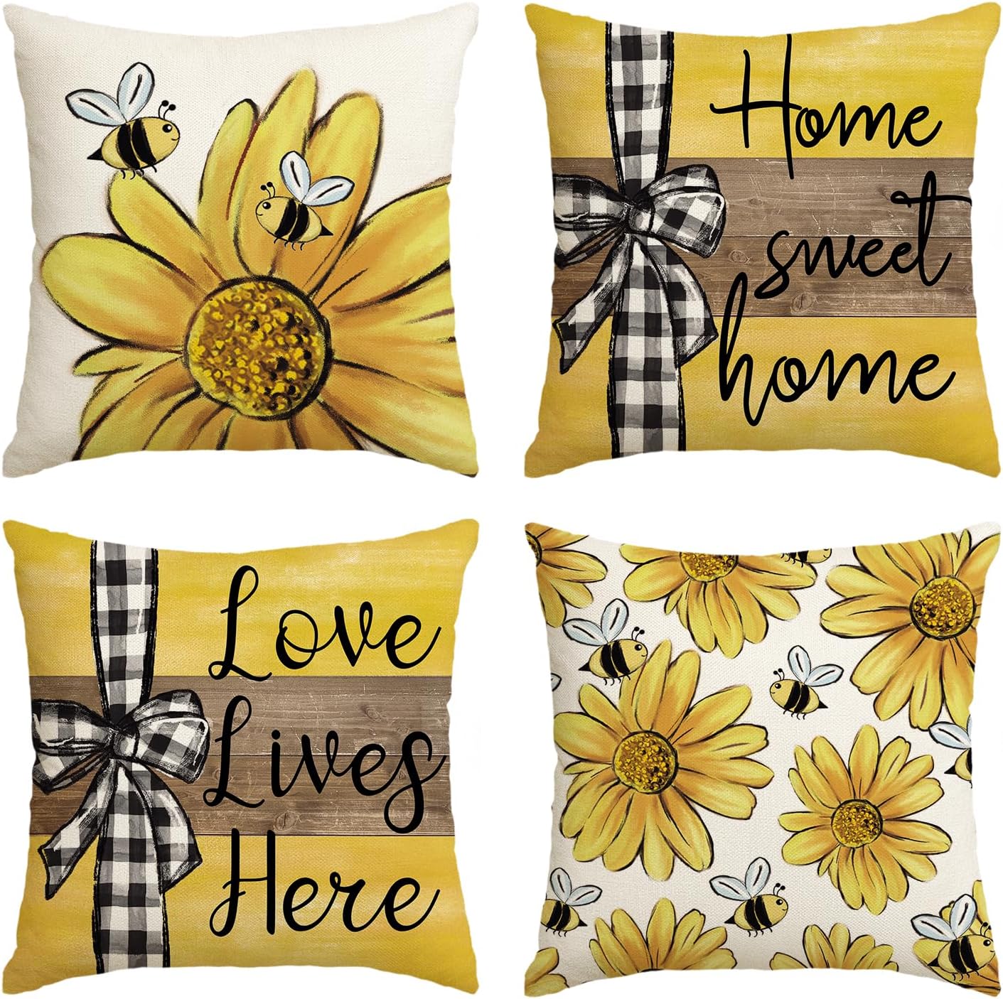 Home Sweet Home Bee Sunflower Throw Pillow Covers, 18 x 18 Inch Love Lives Here Spring Summer Stripes Cushion Case for Sofa Couch Set of 4