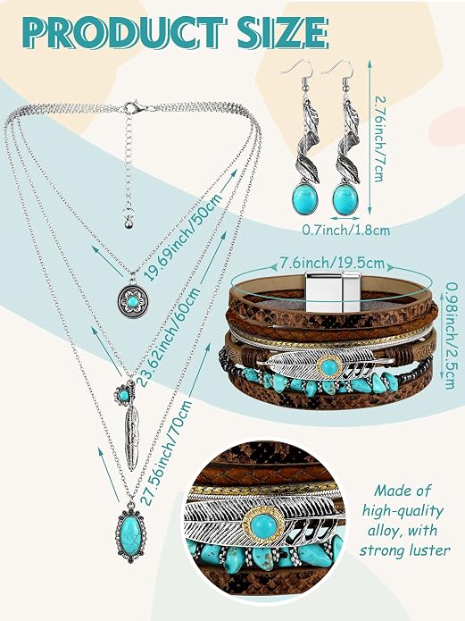 3 Pcs Western Jewelry for Women Bohemian Turquoise Jewelry Set Women Country