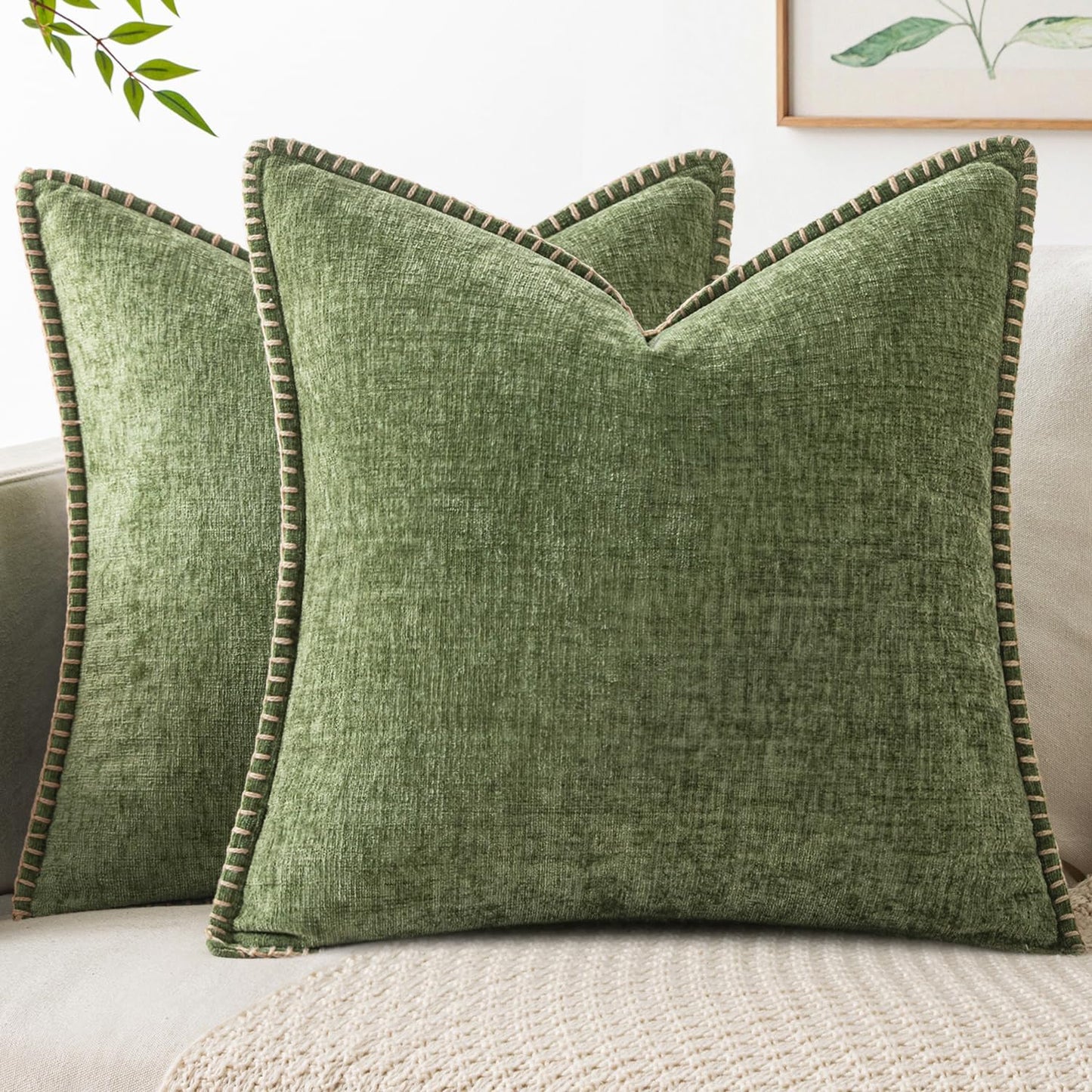 2 Pk - Sage Green Farmhouse Decorative Pillows with inserts Stitched Edge Soft Chenille Solid Dyed Summer