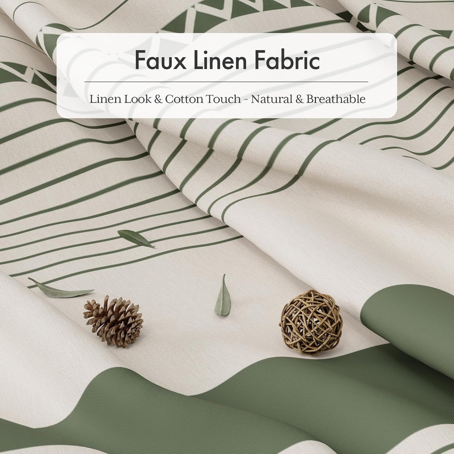 AmazerBath Boho Shower Curtain, Modern Farmhouse Shower Curtain Set with Tassels, Rustic Faux Linen Green Striped Shower Curtain with Hooks, Light Tan Toned