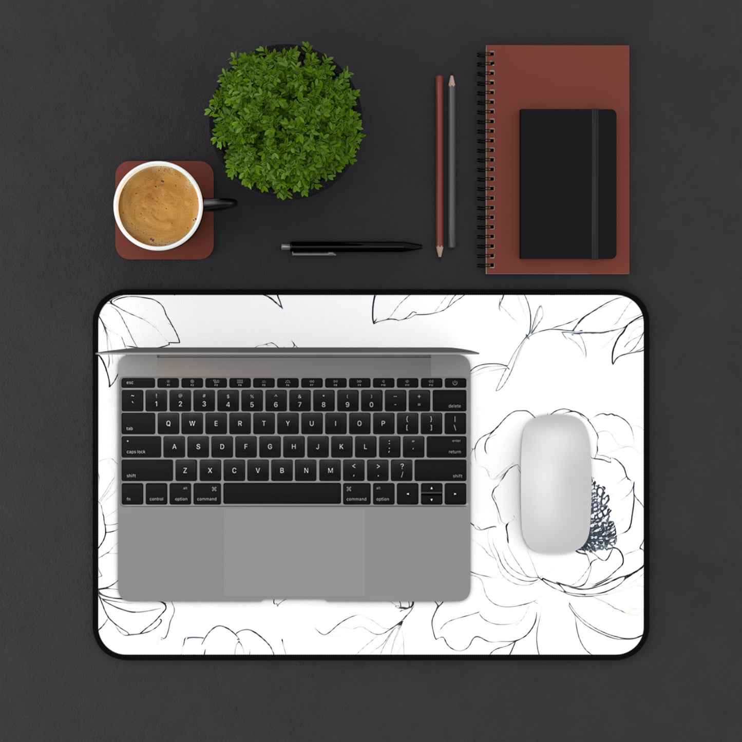 Floral Sketch Desk Mat — Minimal Black & White Blossom Mousepad