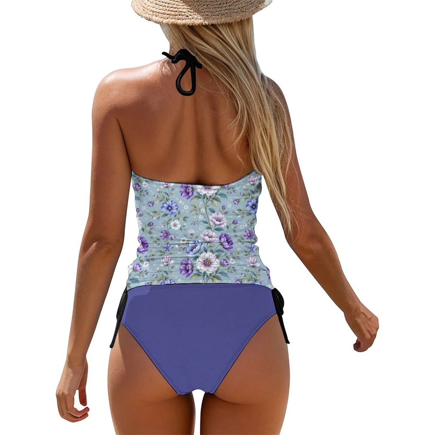 2-Piece Women's Tankini Set with High Neck Halter Top Floral
