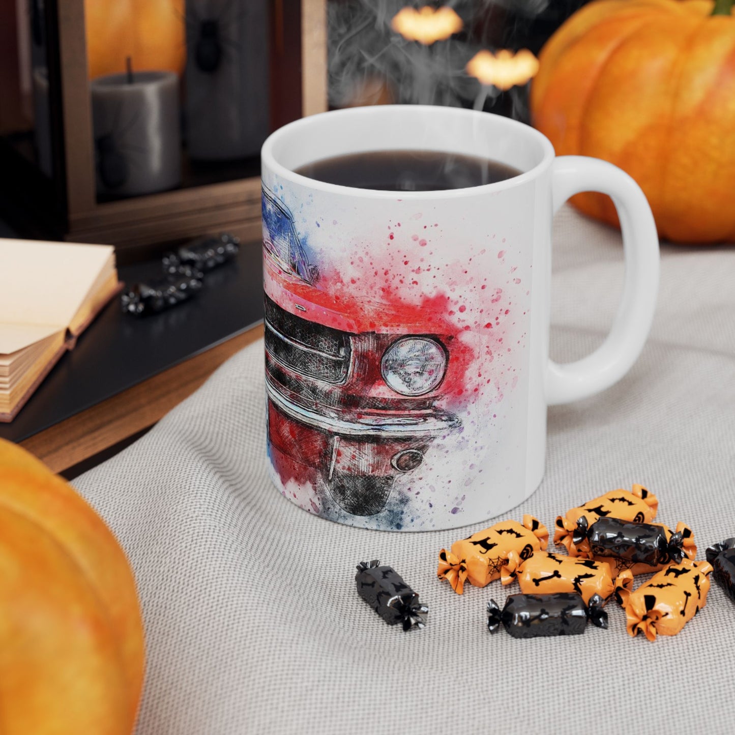 Mustang Front Grill Watercolor Ceramic Mug — Car Enthusiast Coffee Cup (11oz/15oz)