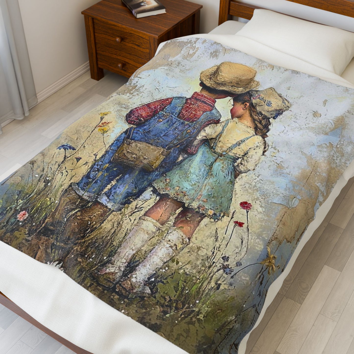 Vintage Children Standing Together Velveteen Plush Blanket — Rustic Nursery Throw