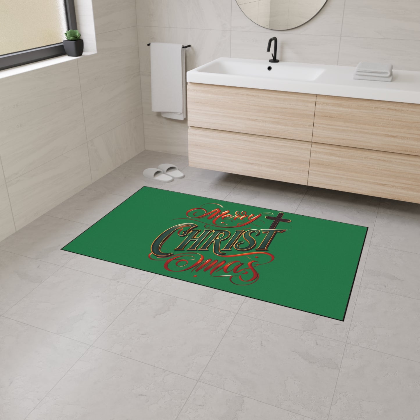 Christmas Floor Mat - "Merry Christmas" Script with Cross, Heavy-Duty Holiday Doormat