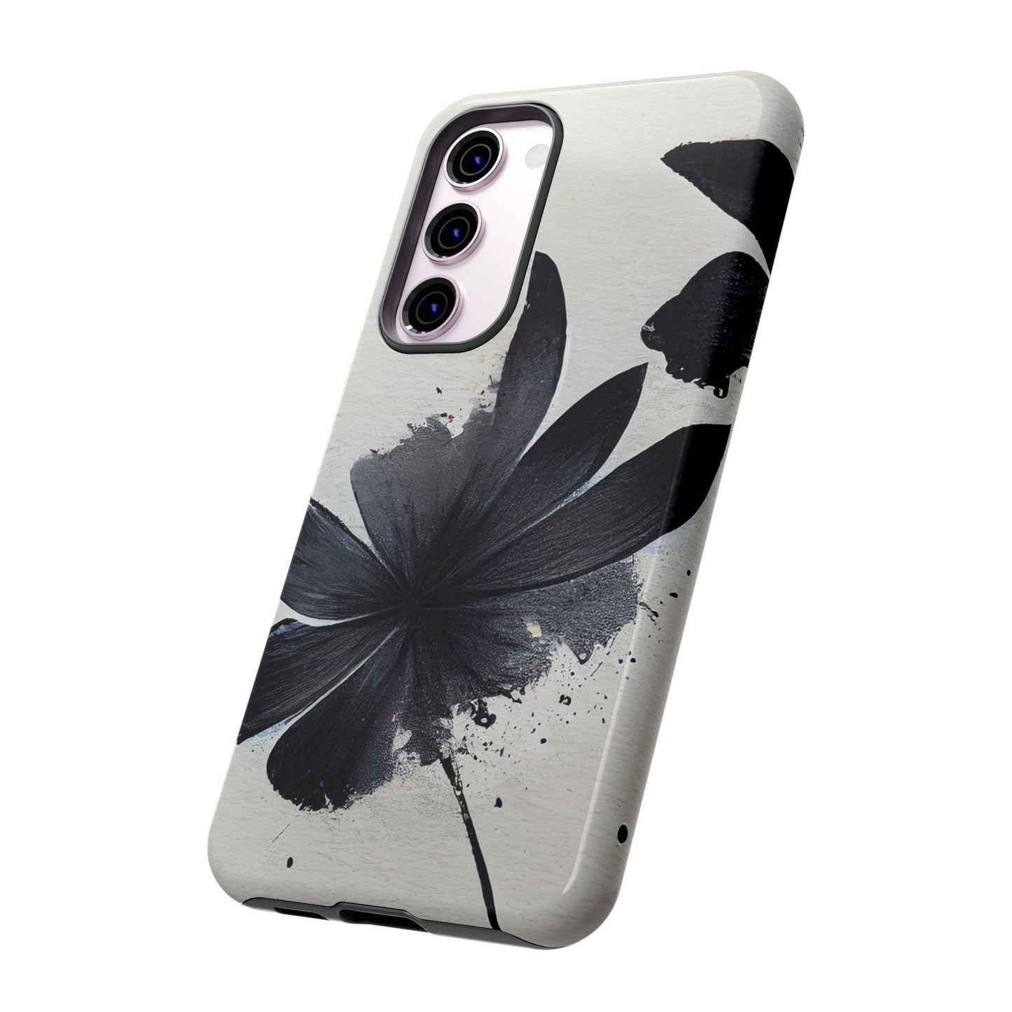 Monochrome Floral Tough Phone Case — Black Ink Flower Protective Cover
