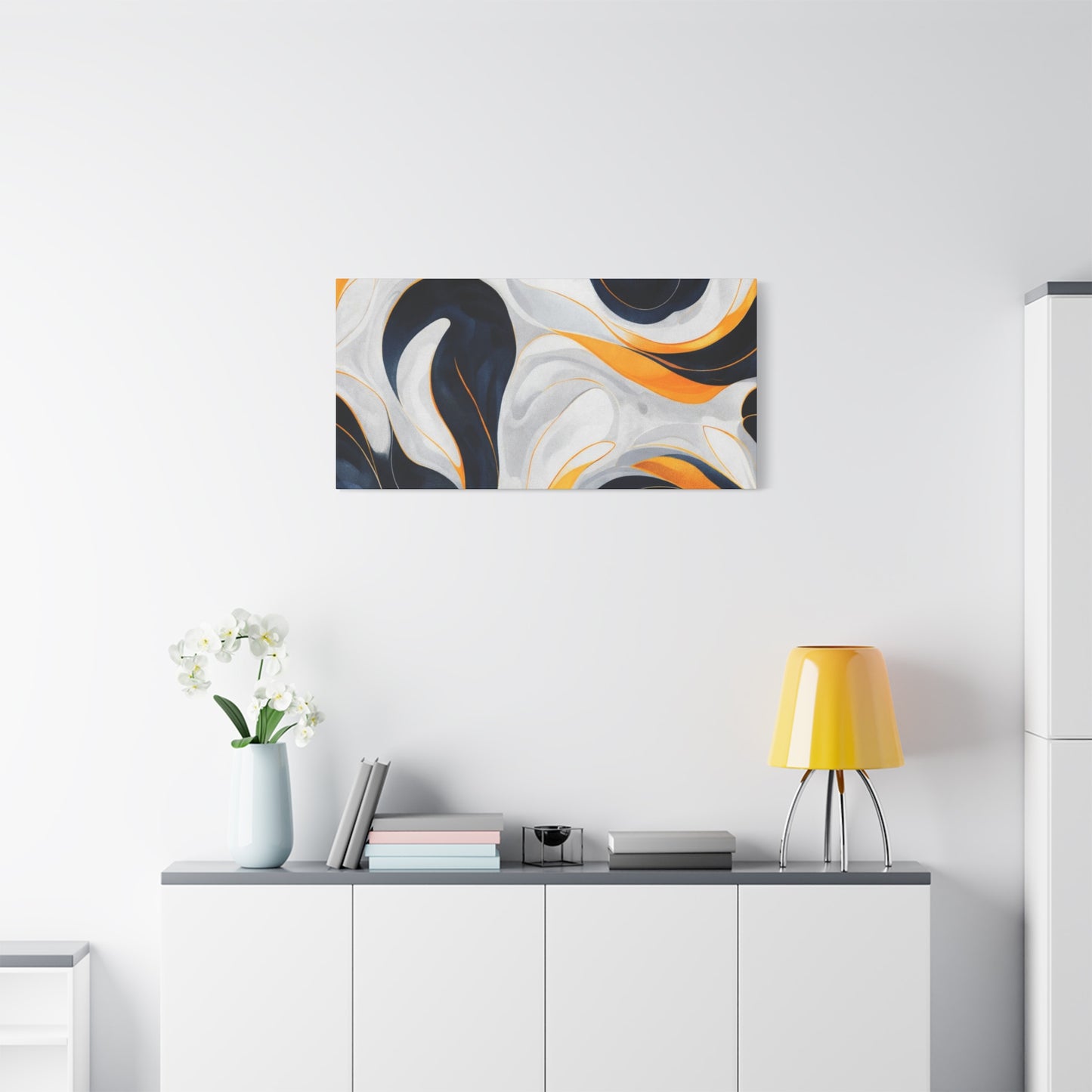 Abstract Fluid Art Matte Canvas Print — Navy, Gold & White Stretched Wall Art