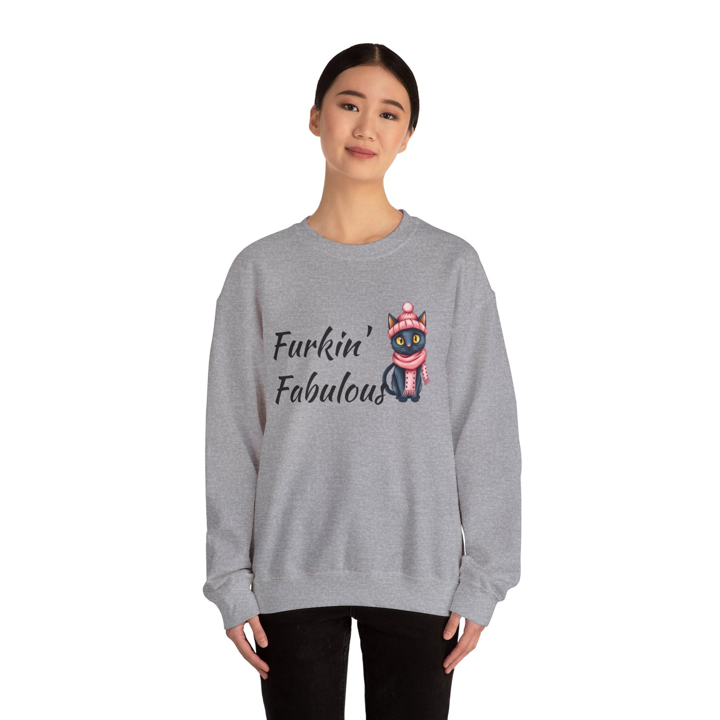 Crewneck Sweatshirt — "Furkin' Fabulous" Cute Black Cat in Pink Hat & Scarf