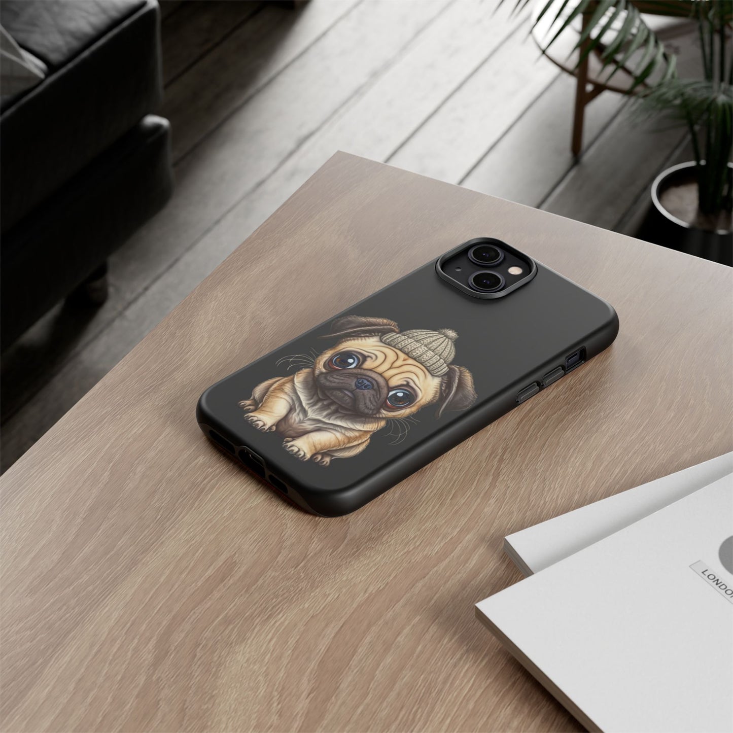 Pug Phone Case – Cute Pug Puppy Illustration on Black Tough Case