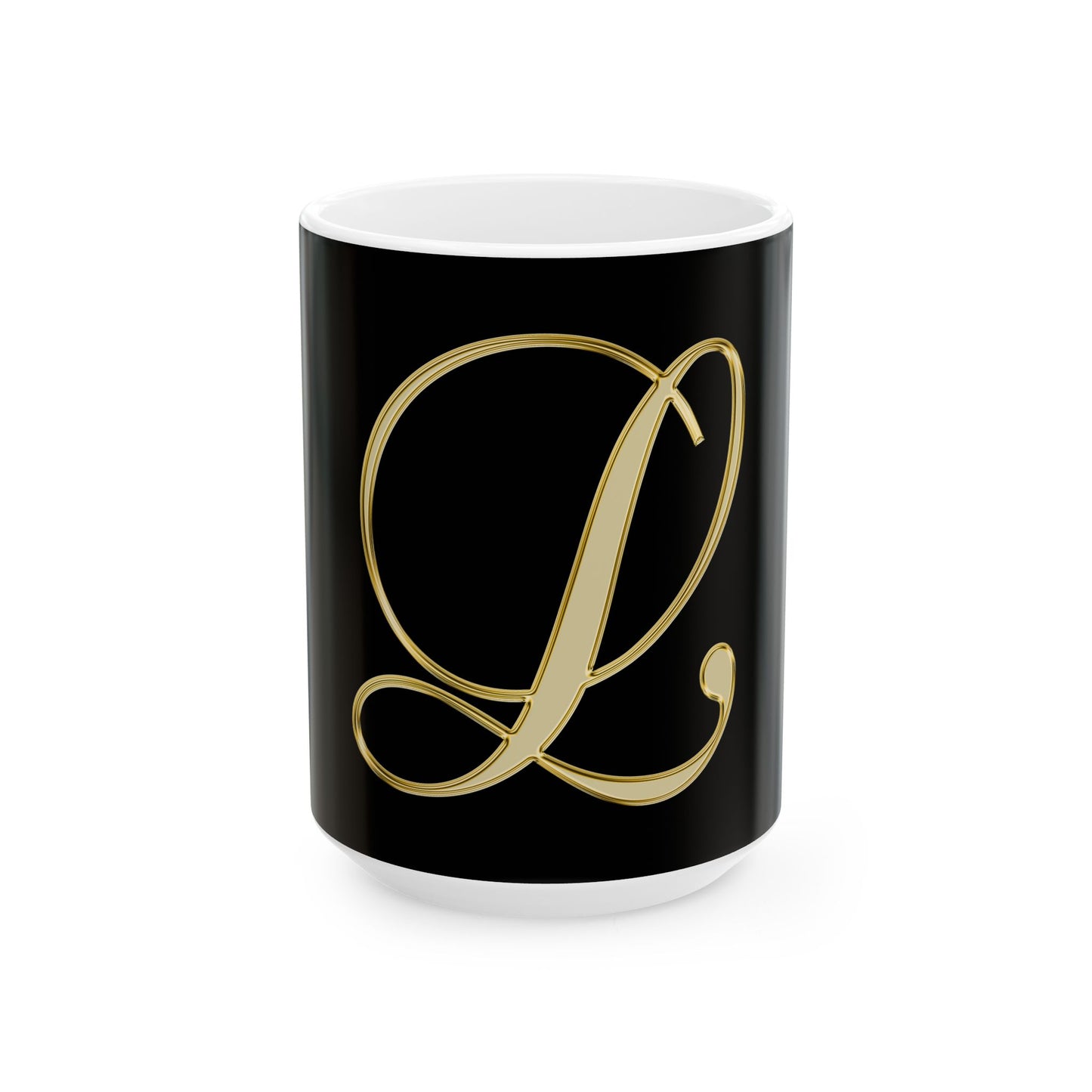 Monogram L Gold Letter Ceramic Mug — Elegant Black & Gold Initial Coffee Cup (11oz, 15oz)