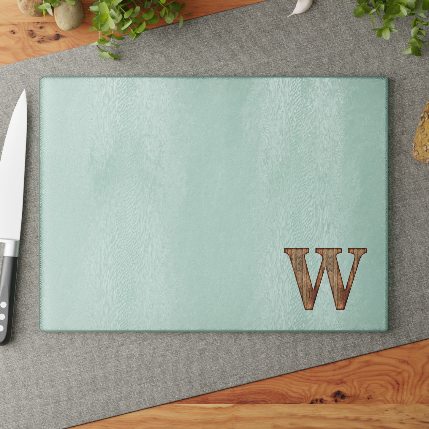 Monogram Glass Cutting Board — Mint or Clear Tempered Glass with Wood 'W' Initial