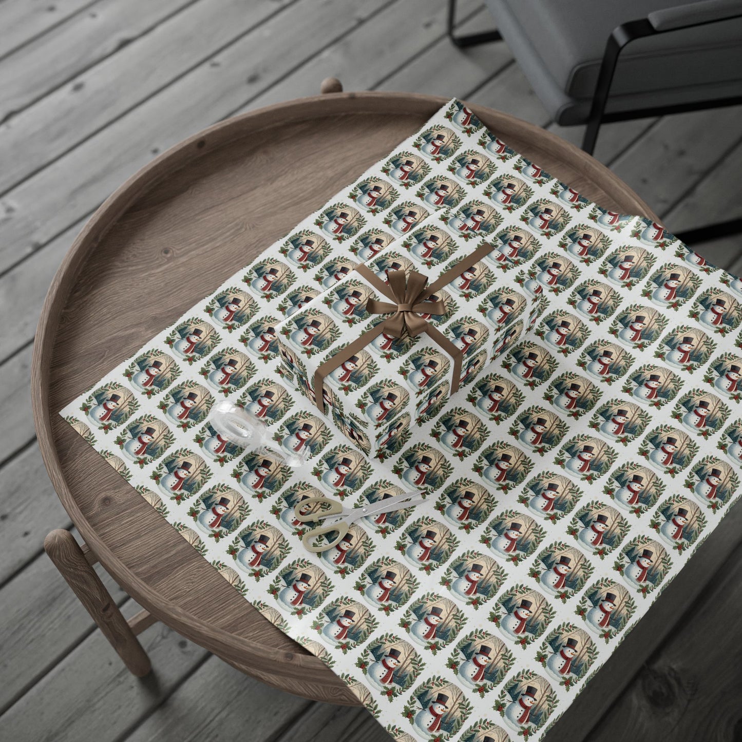 Snowman Wreath Christmas Wrapping Paper Roll — Festive Holiday Gift Wrap