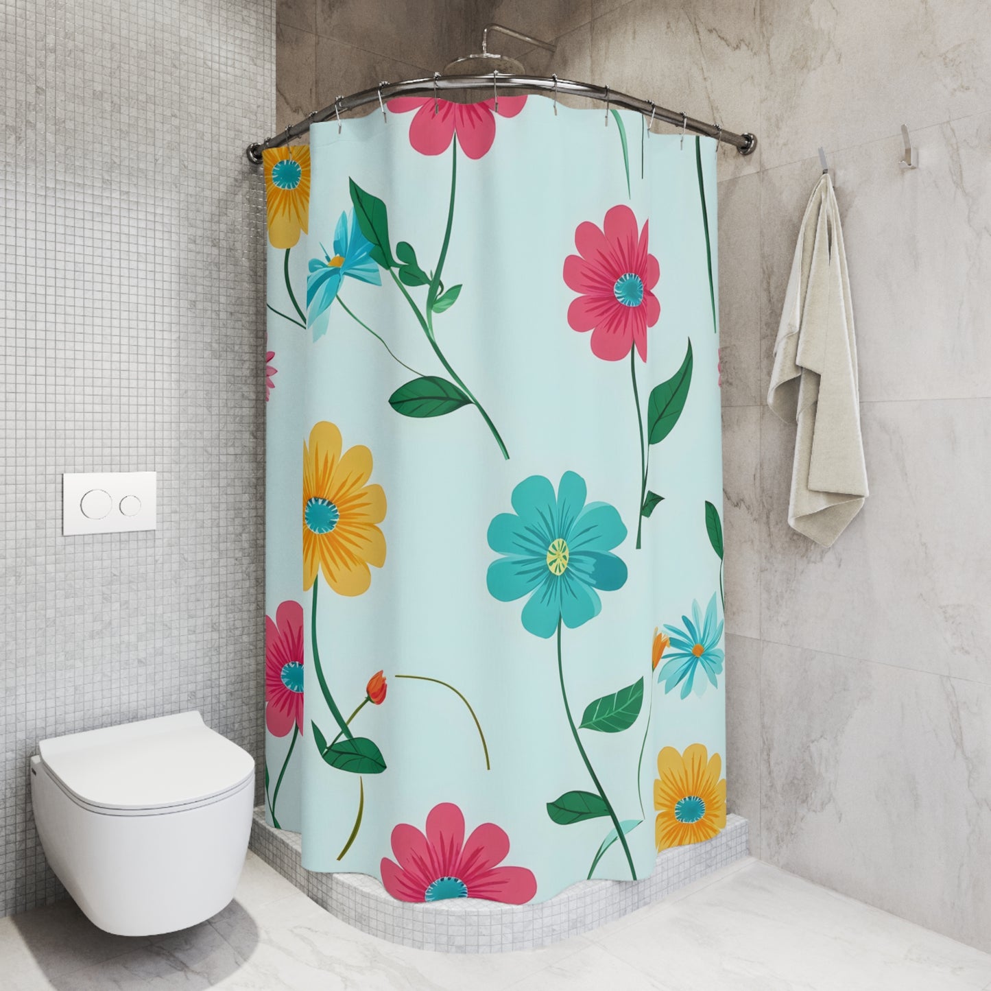 Floral Garden Shower Curtain — Bright Retro Flowers on Sky Blue