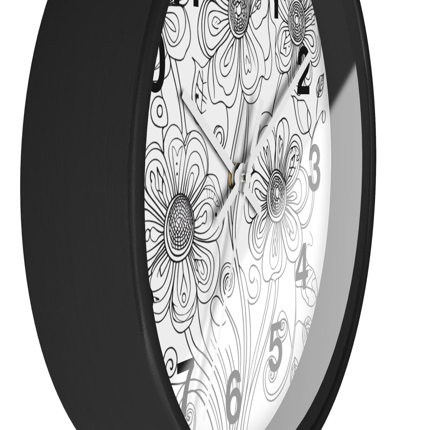 Floral Doodle Wall Clock — Black & White Hand-Drawn Flower Timepiece