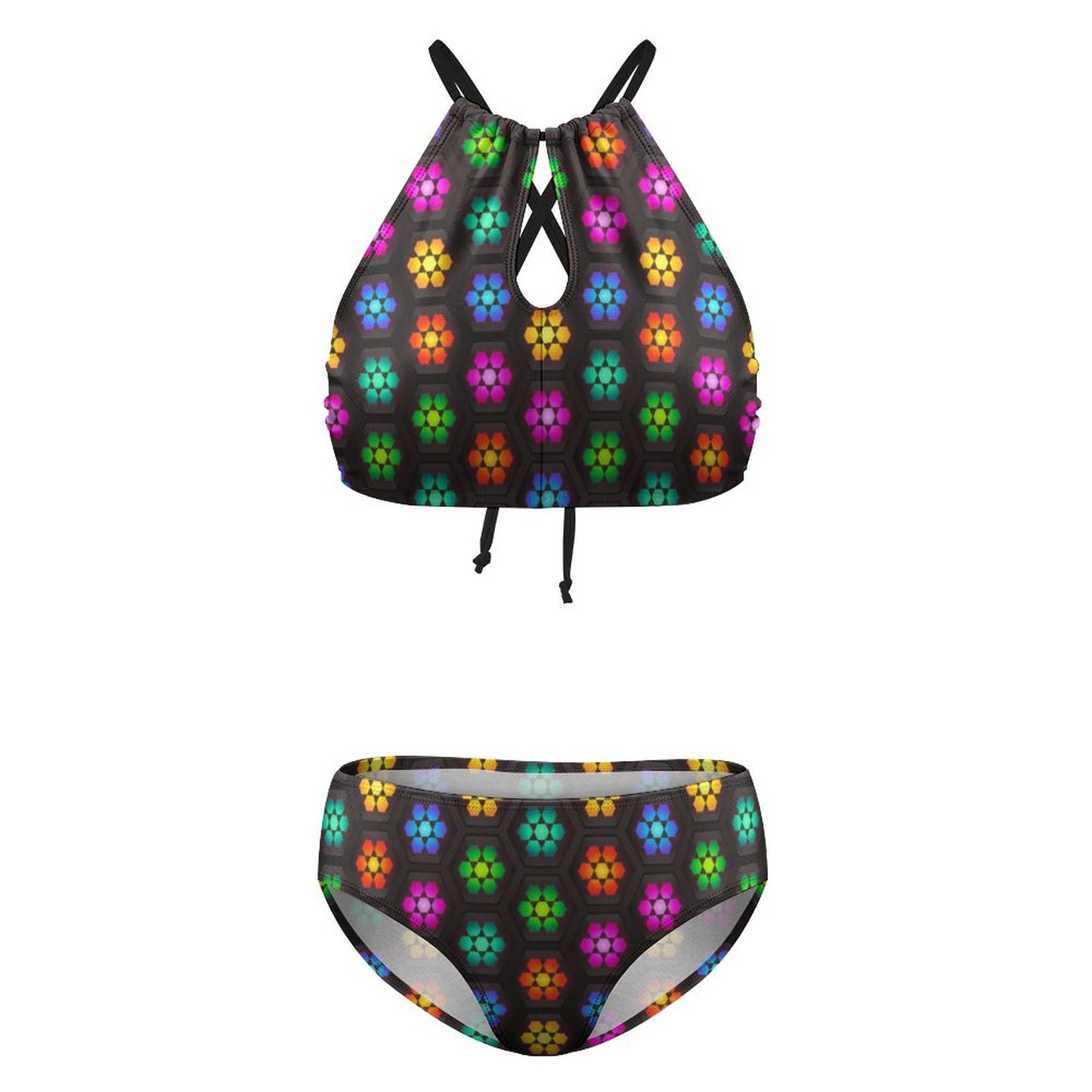 Women's Two piece Swimsuit with High Neck Halter Top Colorful Daisies
