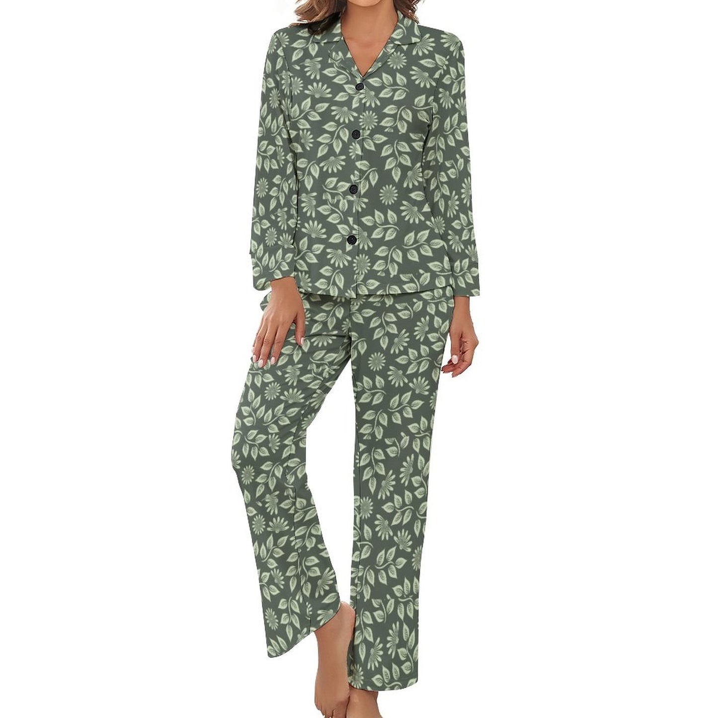 V-Neck Women Night Wear Suit Green Ivy