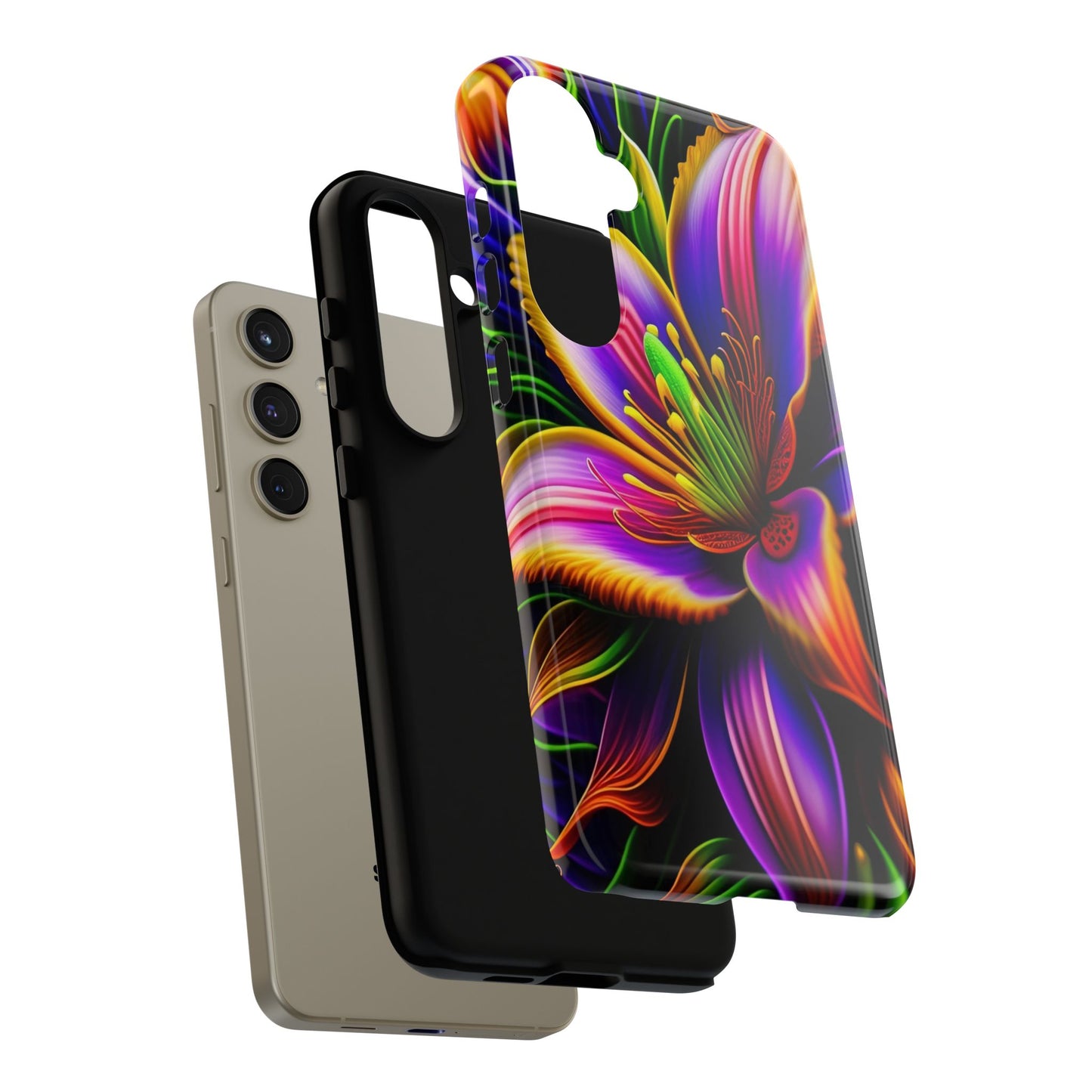 Floral Neon Tough Phone Case — Vivid Purple & Orange Lily Protective Cover