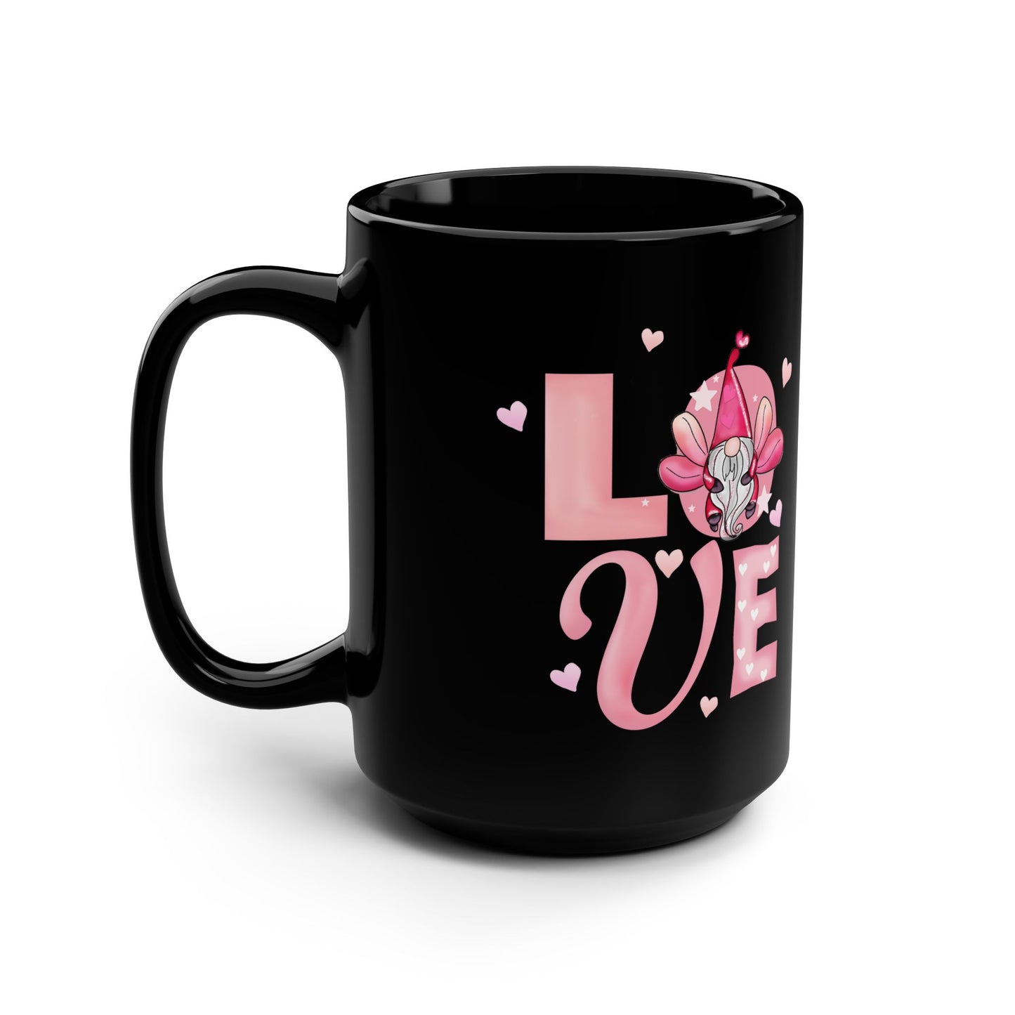 Love Florals 15oz Black Mug — Pink Heart & Lotus Coffee Cup