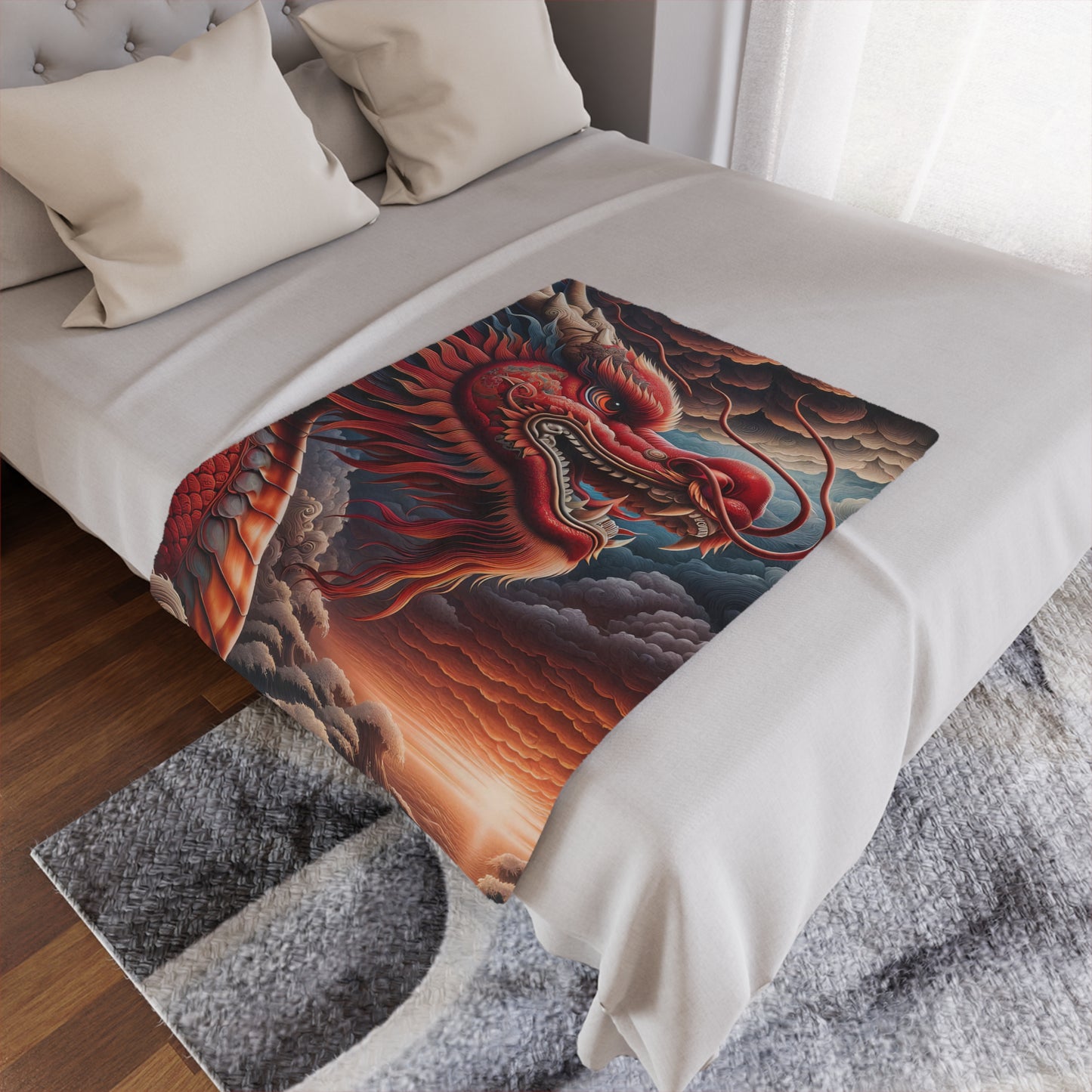 Red Dragon Minky Blanket — Soft Plush Throw with Fiery Asian Dragon Art
