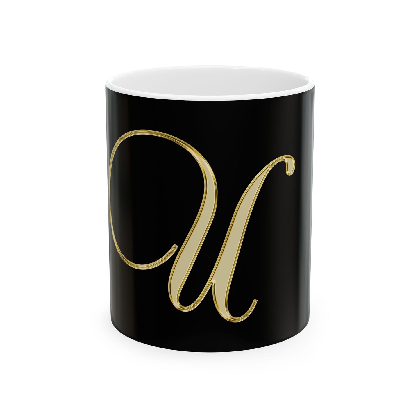 Monogram U Gold Script Ceramic Mug — Elegant Black & Gold Initial Coffee Cup (11oz, 15oz)