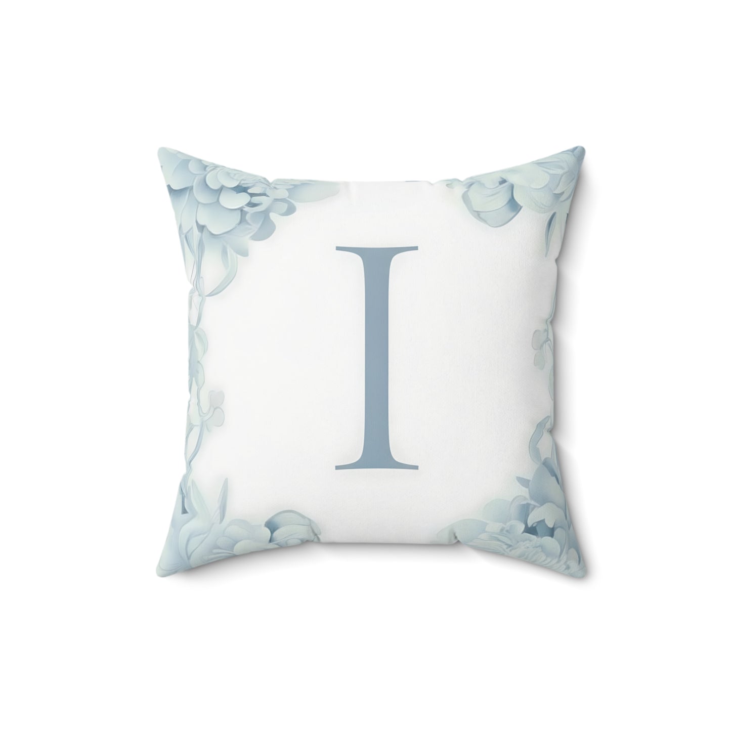 Monogram 'I' Floral Throw Pillow — Soft Blue Initial Accent Pillow