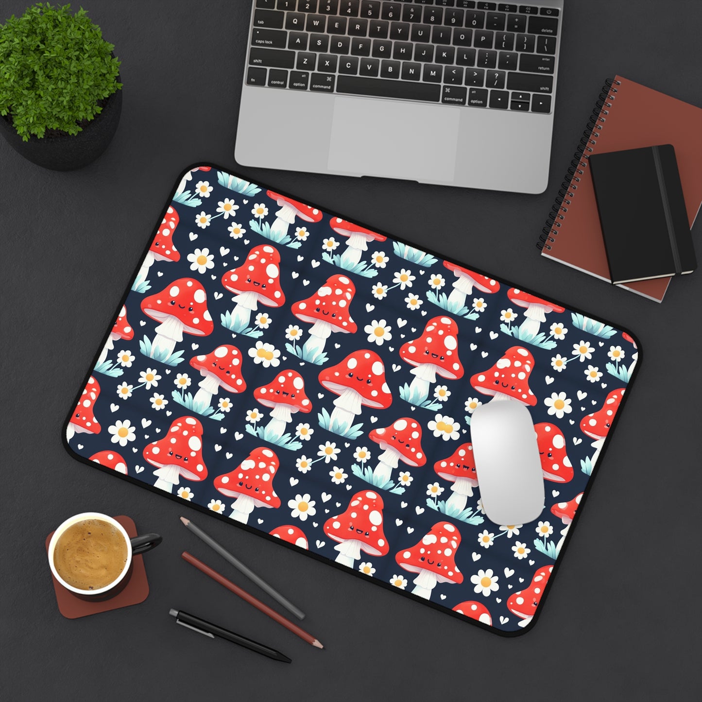Mushroom & Daisies Desk Mat — Cute Red Toadstool Mousepad for Desk Decor