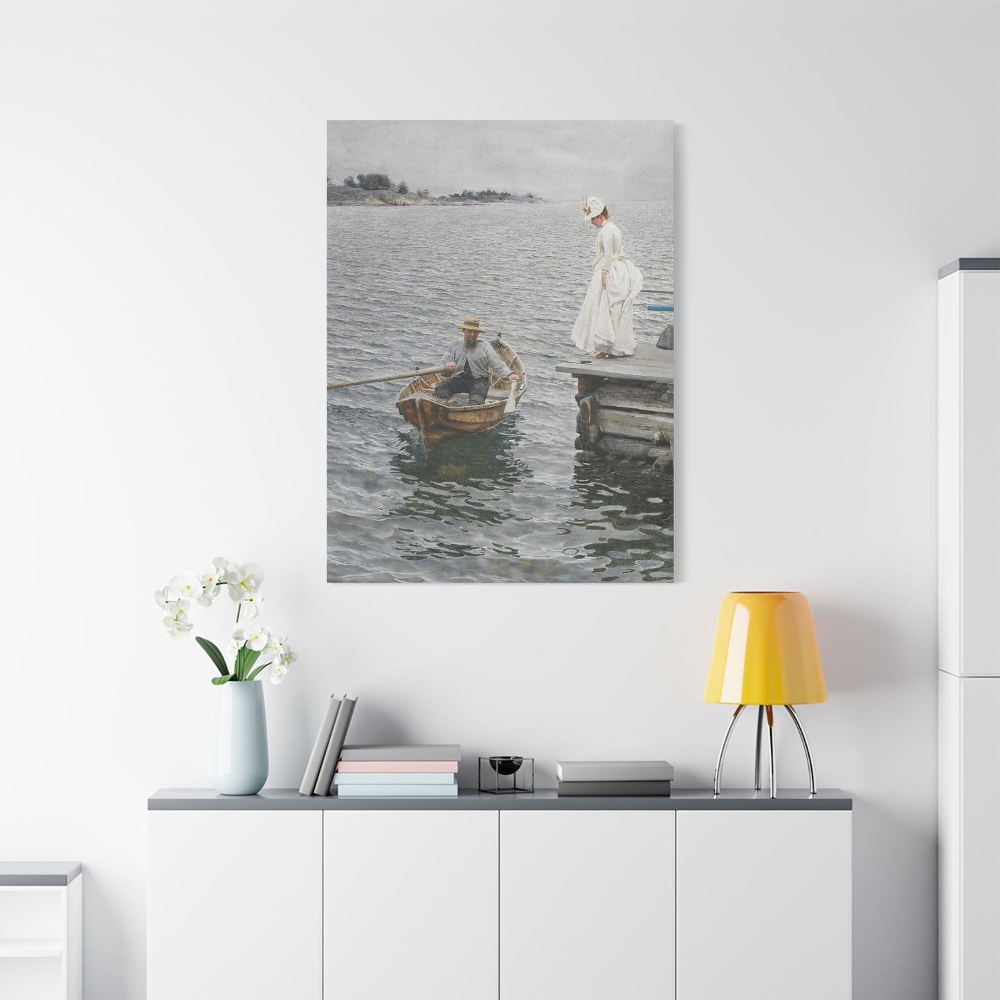 Seaside Stroll Canvas Print — Vintage Woman & Rowboat Matte Stretched Art 1.25"