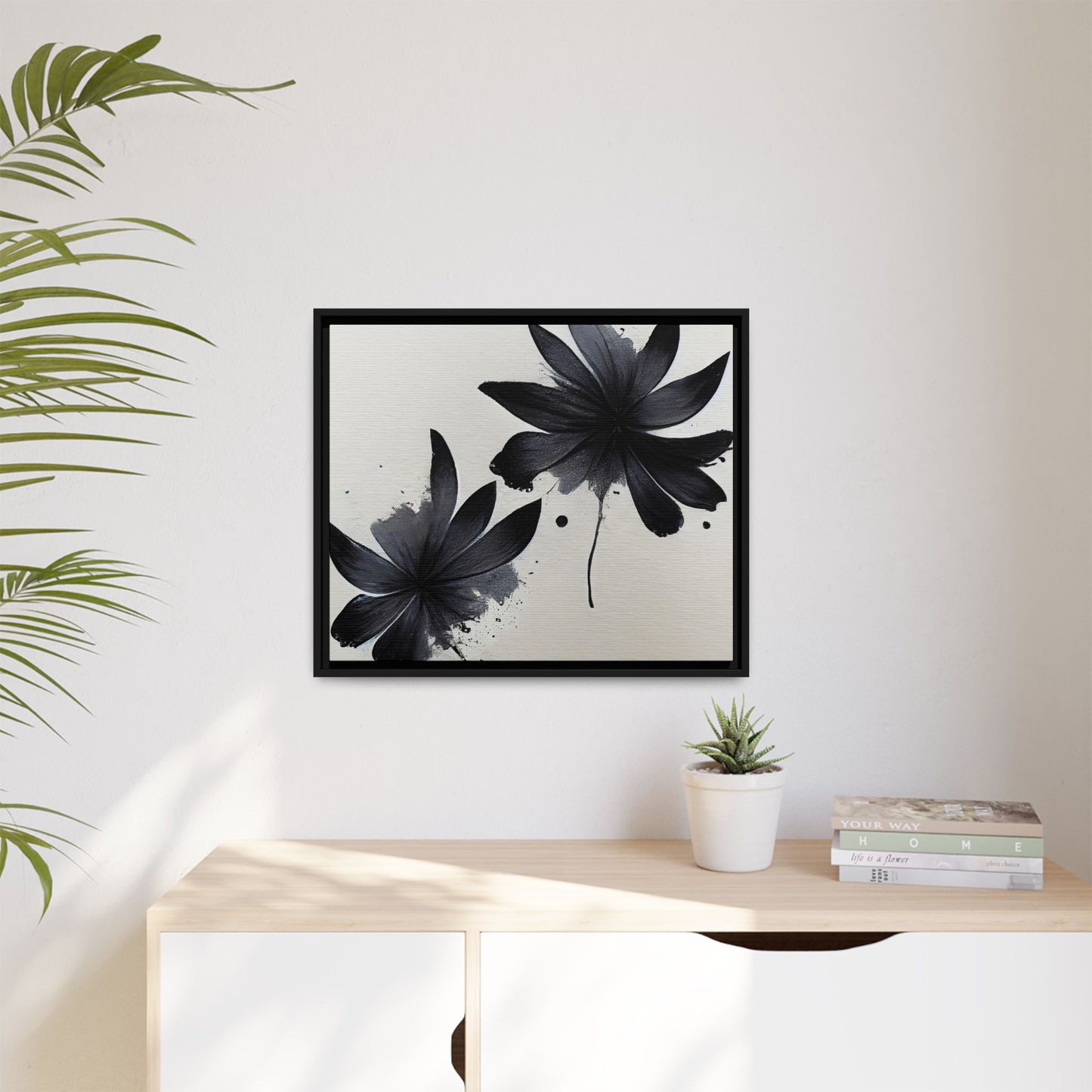 Framed Black Floral Matte Canvas Wall Art — Monochrome Botanical Print