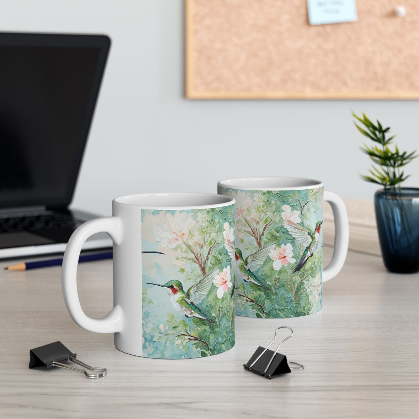 Hummingbird Floral Ceramic Mug — Watercolor Birds Coffee Cup (11oz & 15oz)