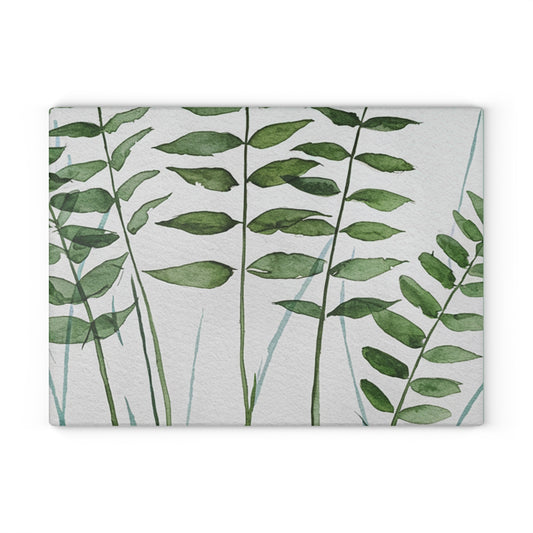 Glass Cutting Board - Green Watercolor Ferns Kitchen Prep Board