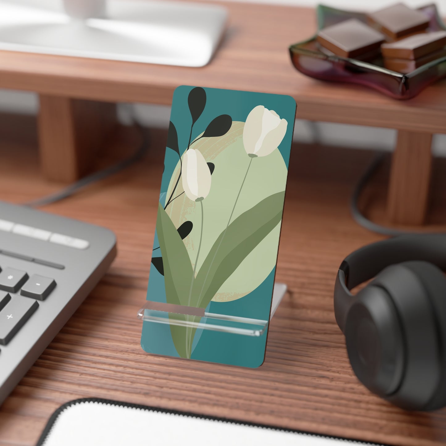 Floral Tulip Smartphone Stand — Portable Mobile Display Stand with Botanical Print