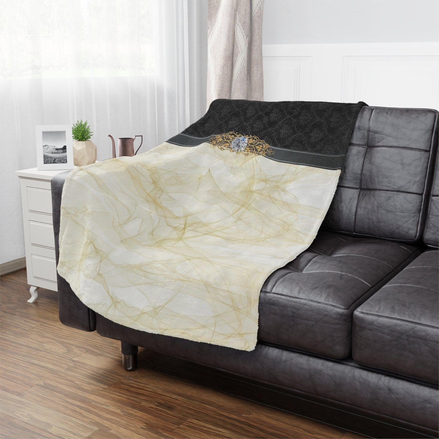 Luxury Gold Smoke Minky Blanket — Elegant Damask Accent with Ornate Gem Detail