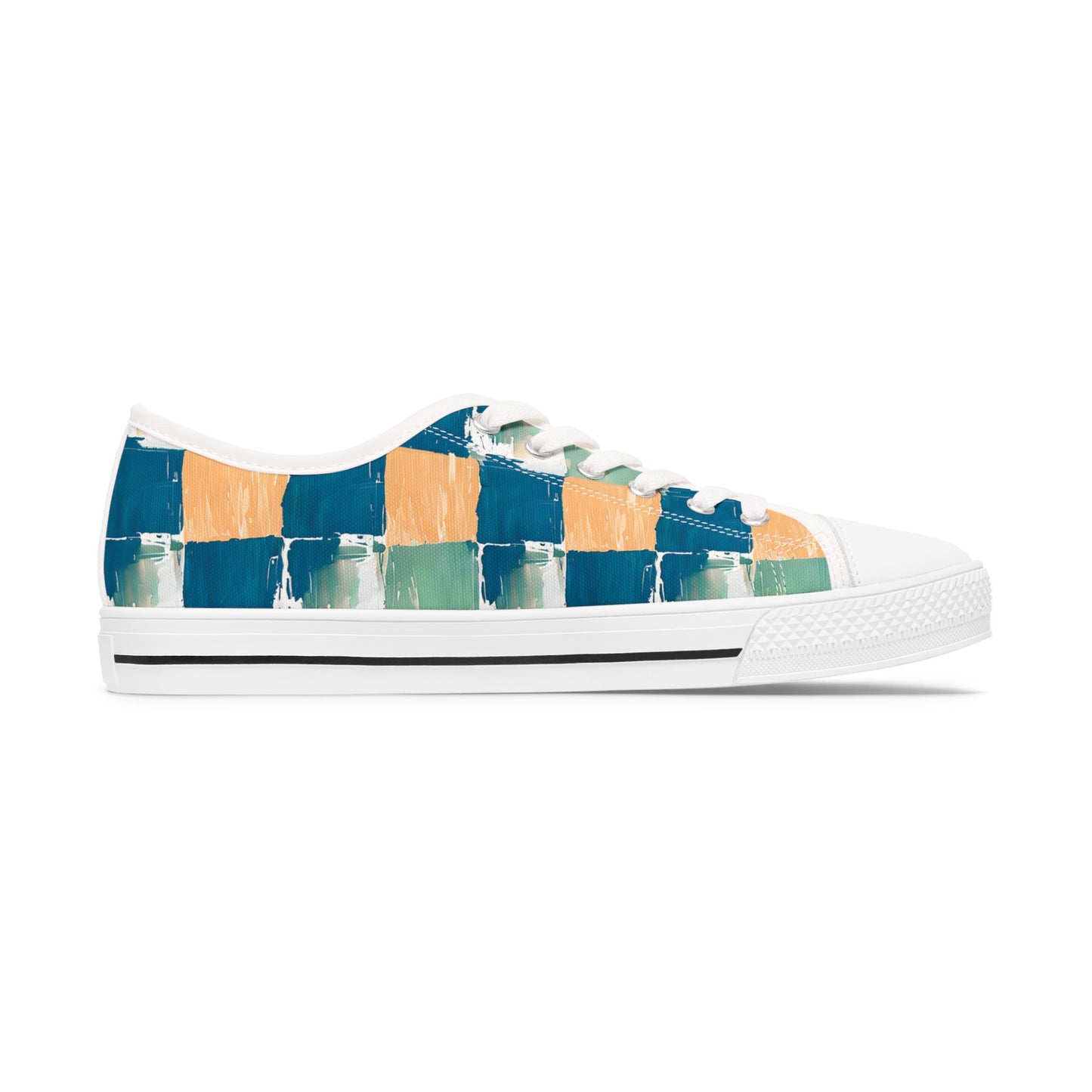 Canvas Sneakers — Hand-Painted Checkerboard in Teal, Orange & Mint
