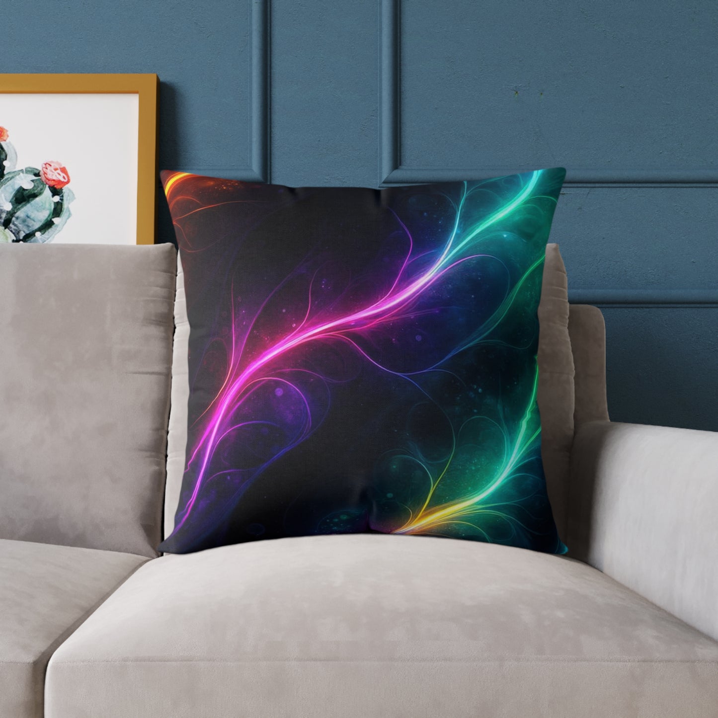 Neon Aurora Abstract Square Pillow — Vibrant Cosmic Decorative Throw Pillow