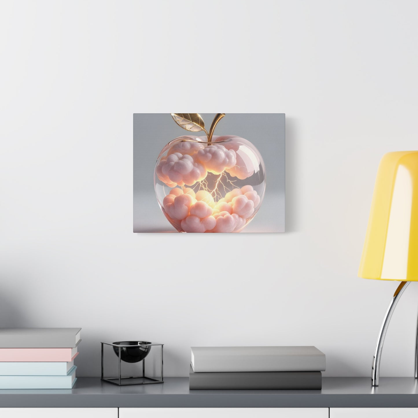 Surreal Glass Apple Canvas – Lightning & Pink Clouds Wall Art